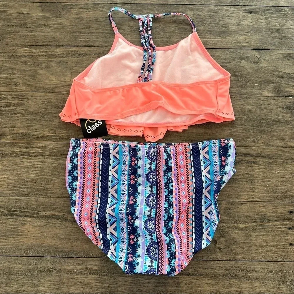 NWT Art‎ Class Girls XXL 18 Coral Blue Ruffle 2 Piece Bikini Swimsuit Boho New